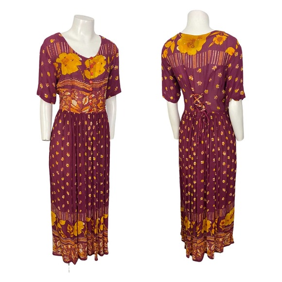 Vintage Floral India Cottage Maxi Dress Lace up Back / women’s Small - Picture 2 of 5